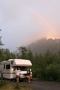 Rainbow over rental Winnebago with boys in Alaska - 2006