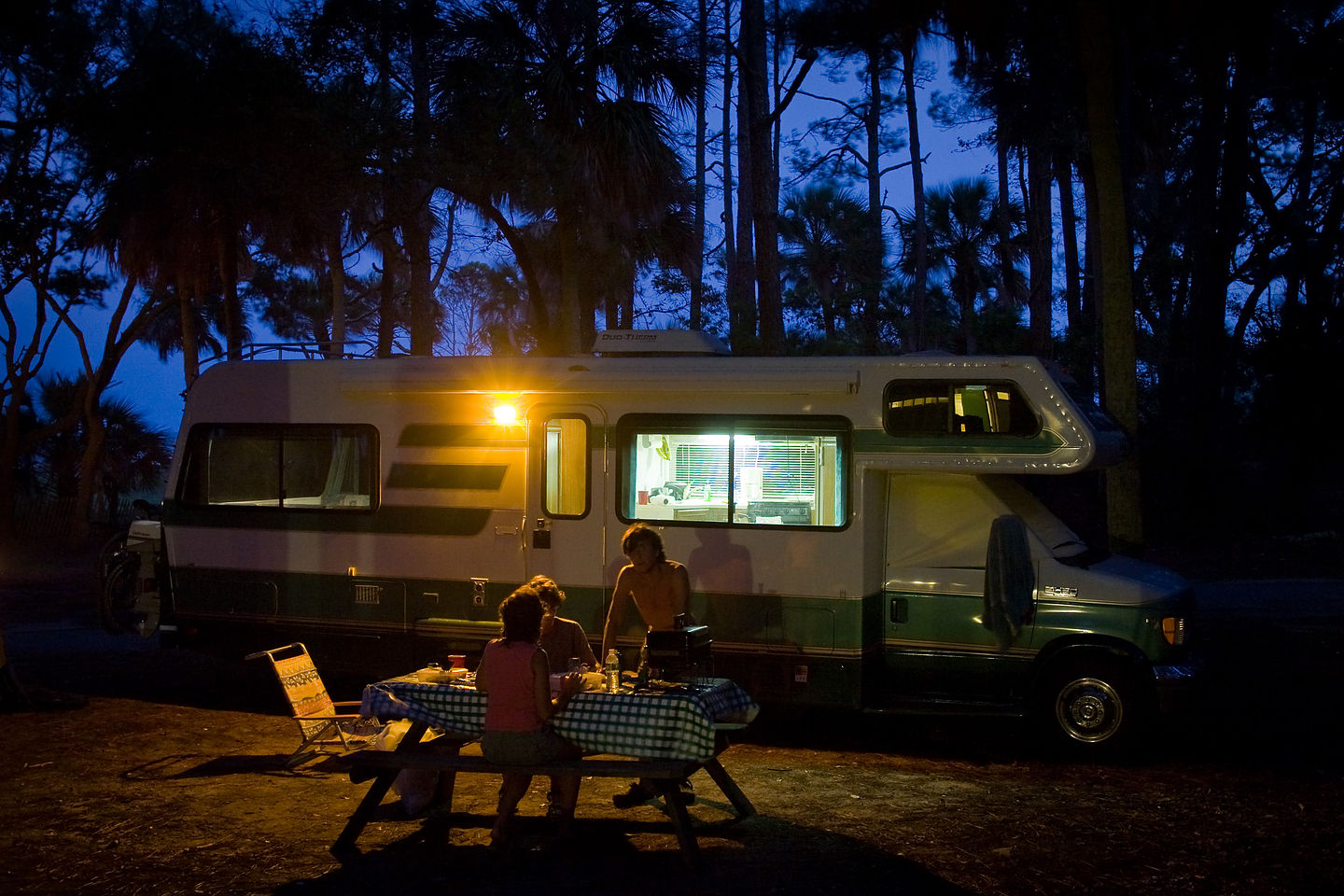 Campsite under palms at dusk