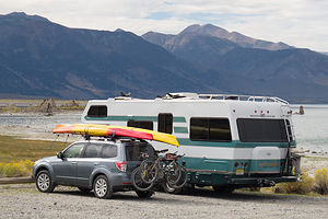 Lazy Daze and Forester with Kayaks at Mono Lake