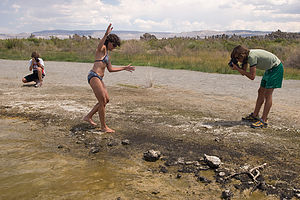 Lolo exploring brine flies of Mono Lake