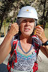 Lolo donning her hairnet and helmet in preparation for the Caminito del Rey