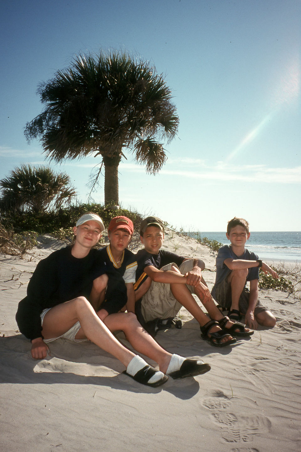 Kids under Palmetto Palm on beach