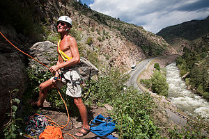 Dad belaying Tom at Clear Creek Canyon - AJG