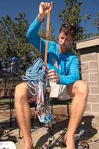 Tom organizing his climbing rack at the Crown Villa RV Resort