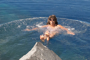 Lolo enjoying the frigid waters of Cleetwood Cove