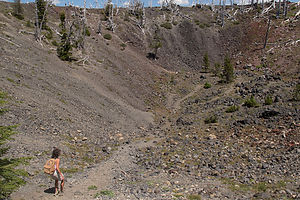 Lolo hiking down the Wizard Island Summit Crater