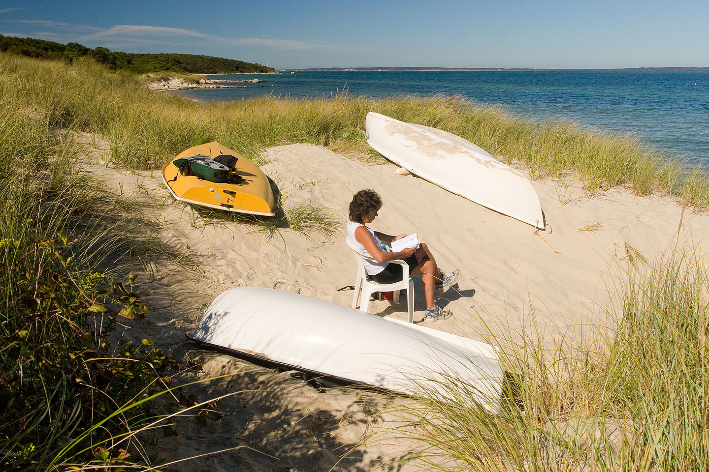 Lolo reading in Lamberts Cove Dune