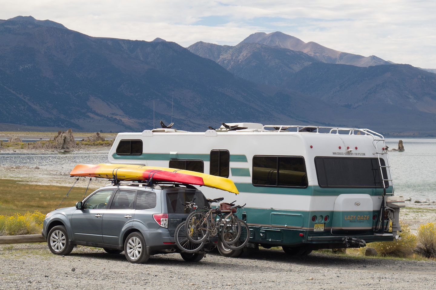 Lazy Daze and Forester with Kayaks at Mono Lake Lazy Daze and Forester with Kayaks at Mono Lake