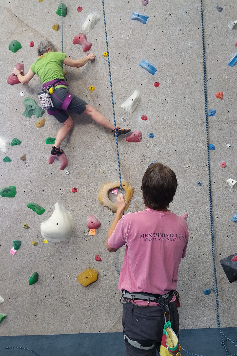 Herb belaying Kitty at Climb Iowa