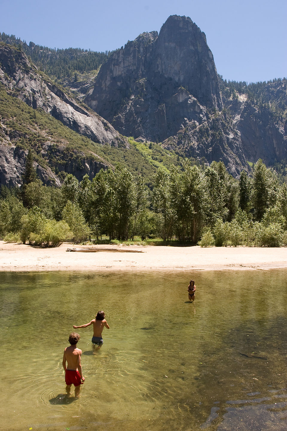 Lolo and boys wading the Merced