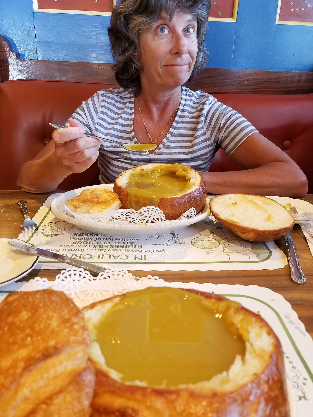 Lolo enjoying her split pea soup at Andersen's Lolo enjoying her split pea soup at Andersen's