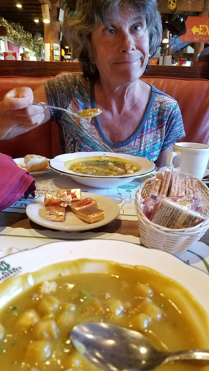 Lolo enjoying pea soup at Pea Sour Andersen's Lolo enjoying pea soup at Pea Sour Andersen's