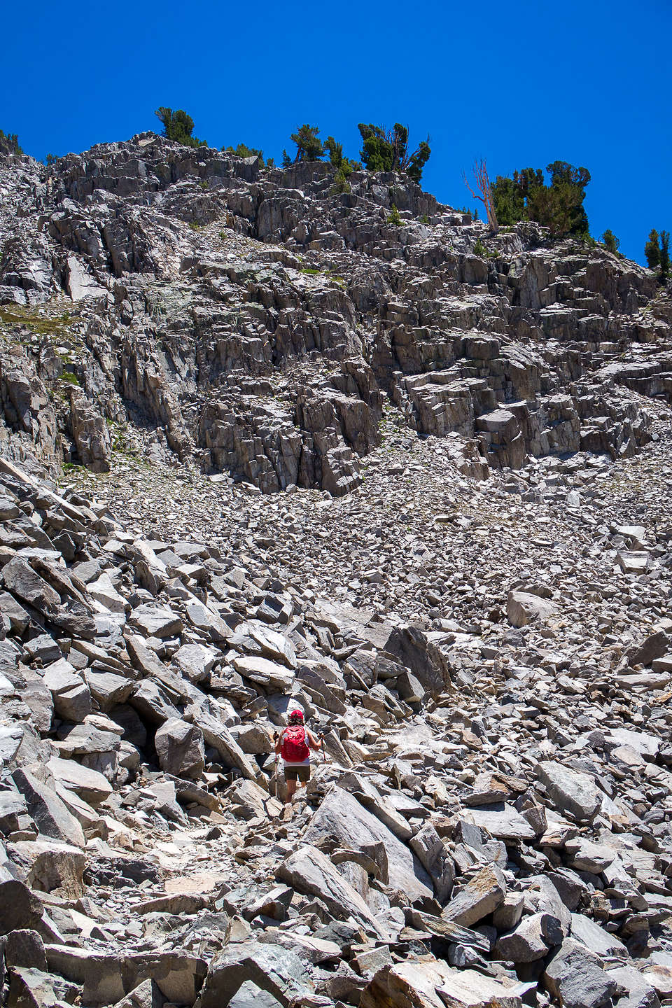 Crossing the scree and rocks on the way to Duck Pass Crossing the scree and rocks on the way to Duck Pass
