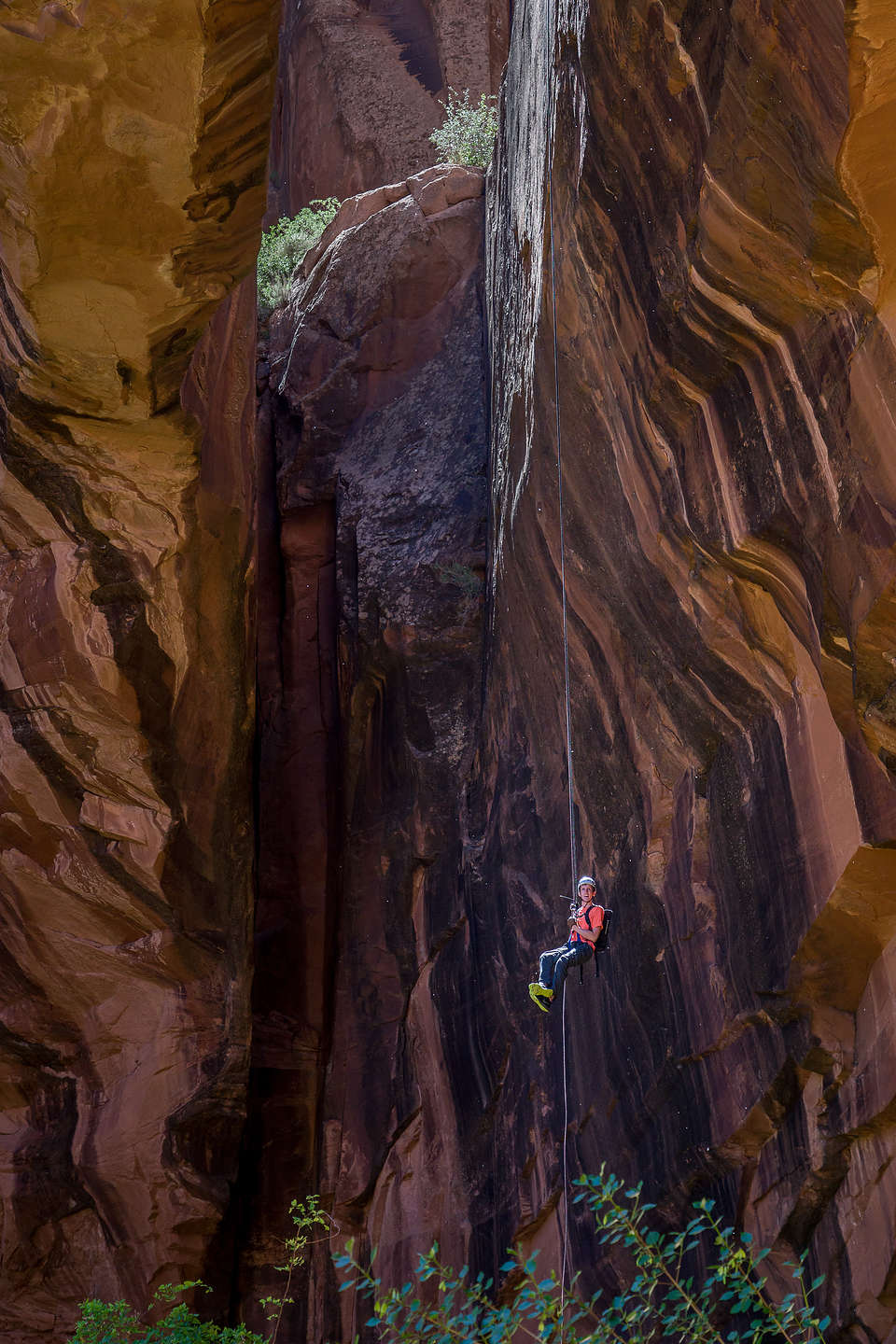 Rappeller descending from top of Morning Glory Natural Bridge Rappeller descending from top of Morning Glory Natural Bridge