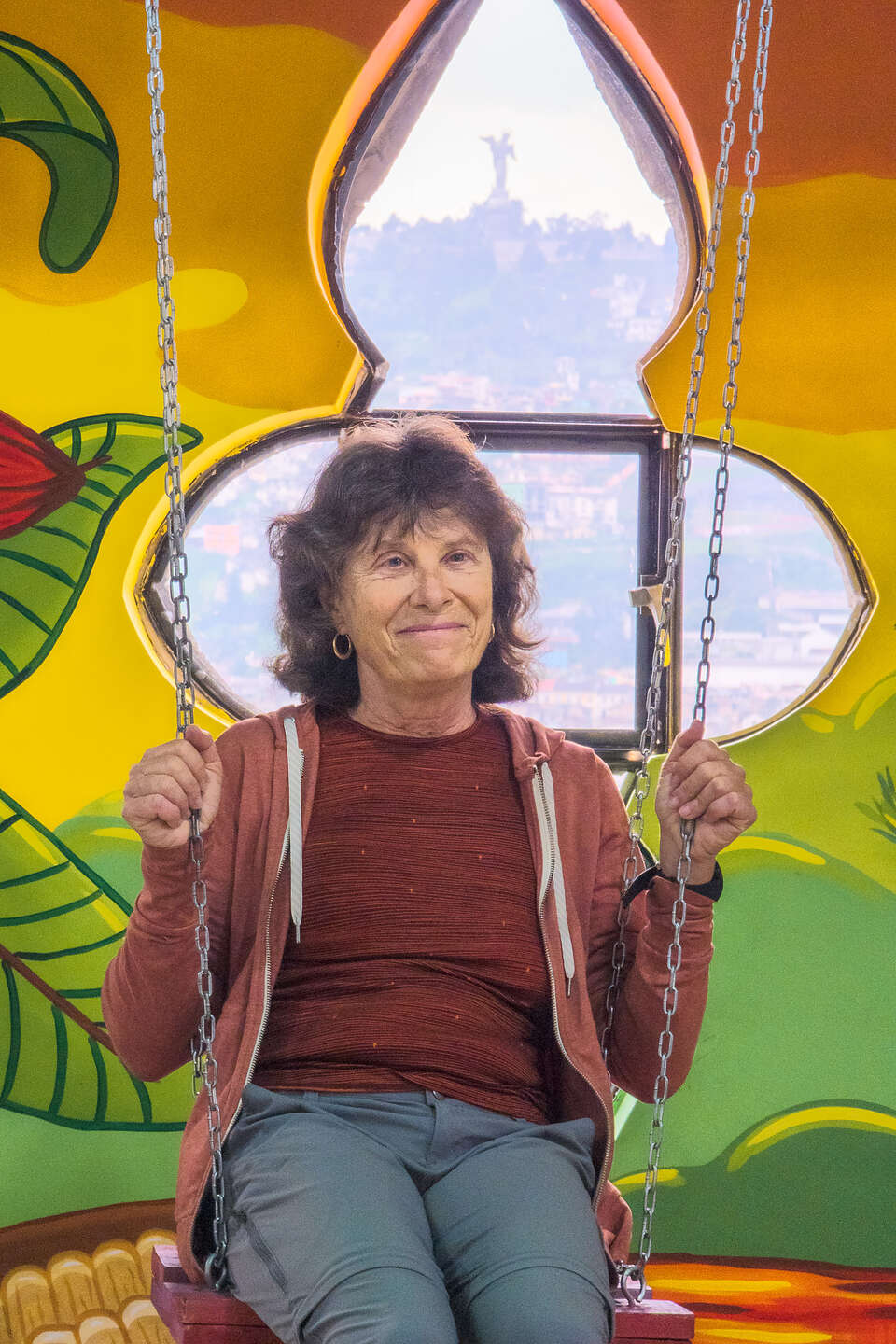 Lolo enjoying the swing in the Basilica cafe