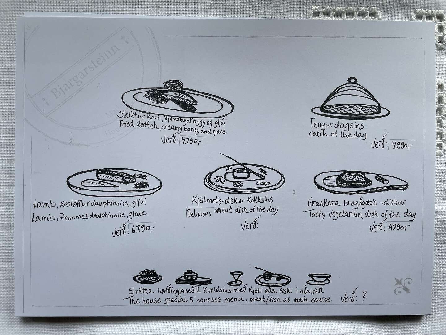 Bjargarsteinn hand-drawn menu Bjargarsteinn hand-drawn menu
