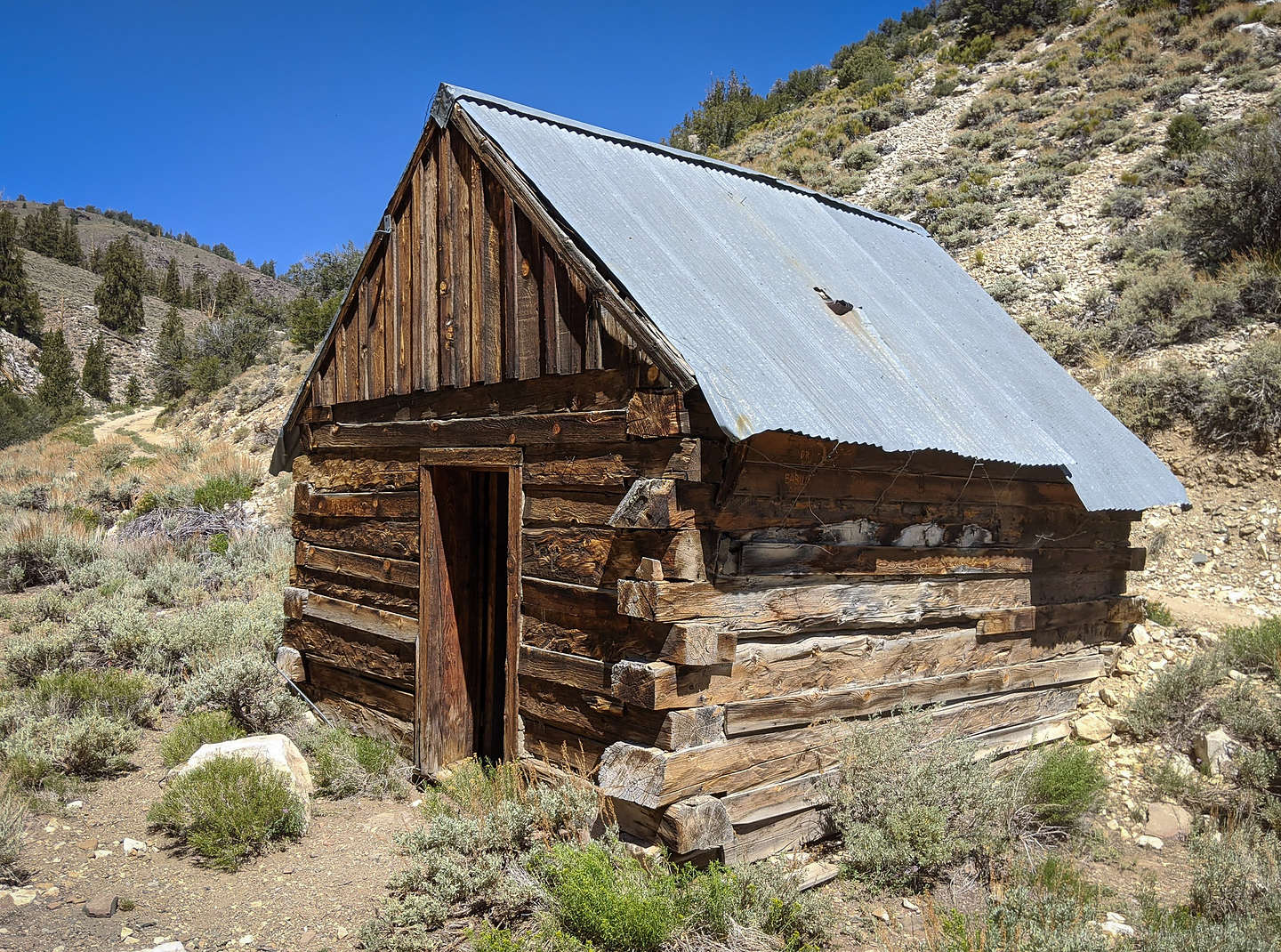 Old Miner's cabin made of railroad ties along the Wyman Creek Road
