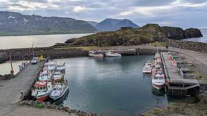 Marina with puffin colony behind